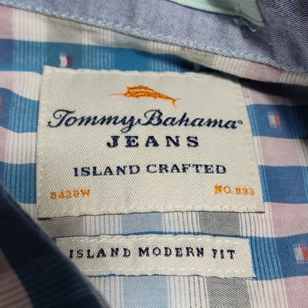 TOMMY BAHAMA JEANS ISLAND MODERN‎ FIT Men XL Blue Geo Check Cotton Shirt EUC - Picture 5 of 15